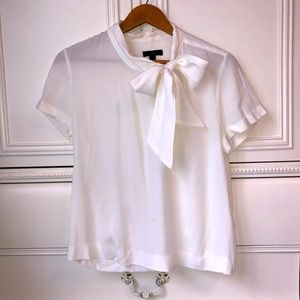 J.Crew White Short Sleeve Blouse with Bow Neck-Tie